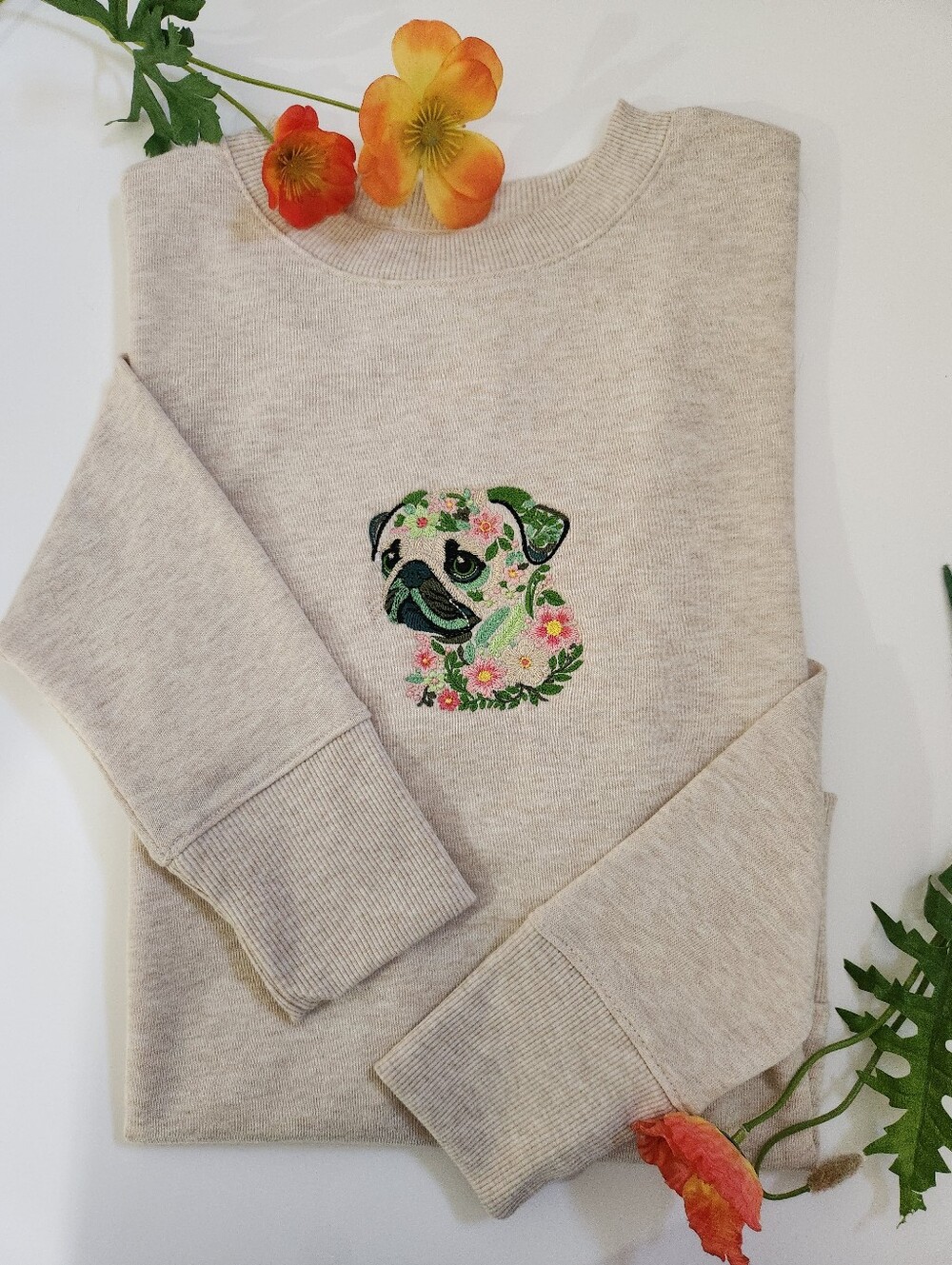 Floral Pug Embroidered Sweater